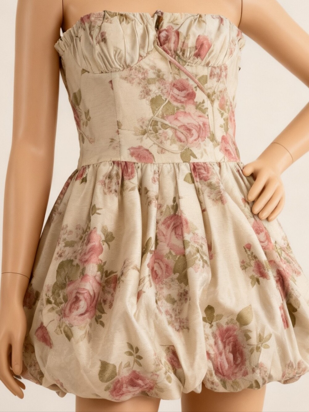 Strapless Floral Bubble Dress in Cream and Pink Seni & Cade L